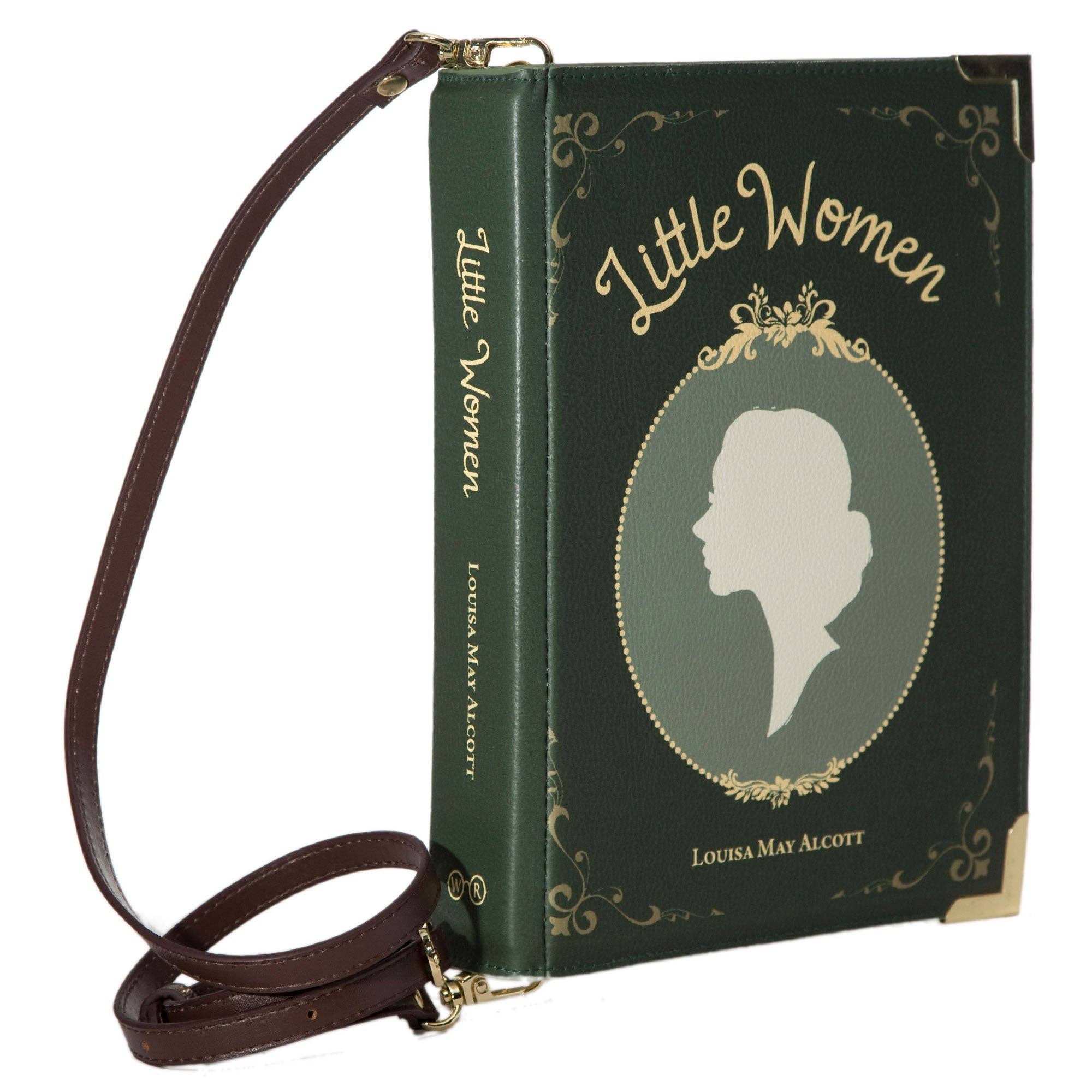 Book-shaped handbag with 'Little Women' design on a white background
