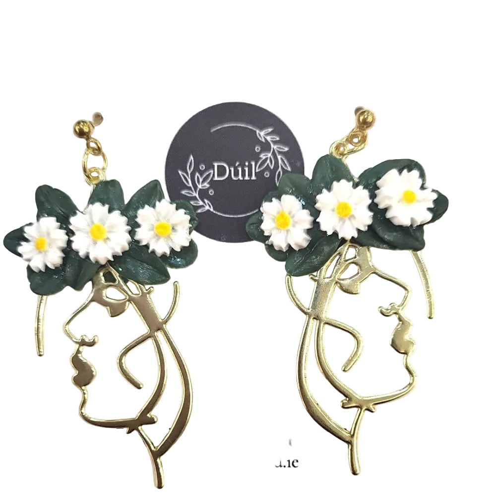 Pair of earrings with floral design on a white background