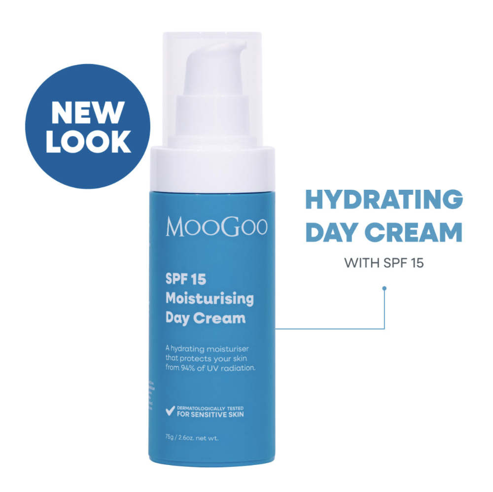 MooGoo SPF 15 Hydrating Day Cream in a blue pump bottle with a white cap, shown on a white background with a blue 'NEW LOOK' badge and descriptive text.