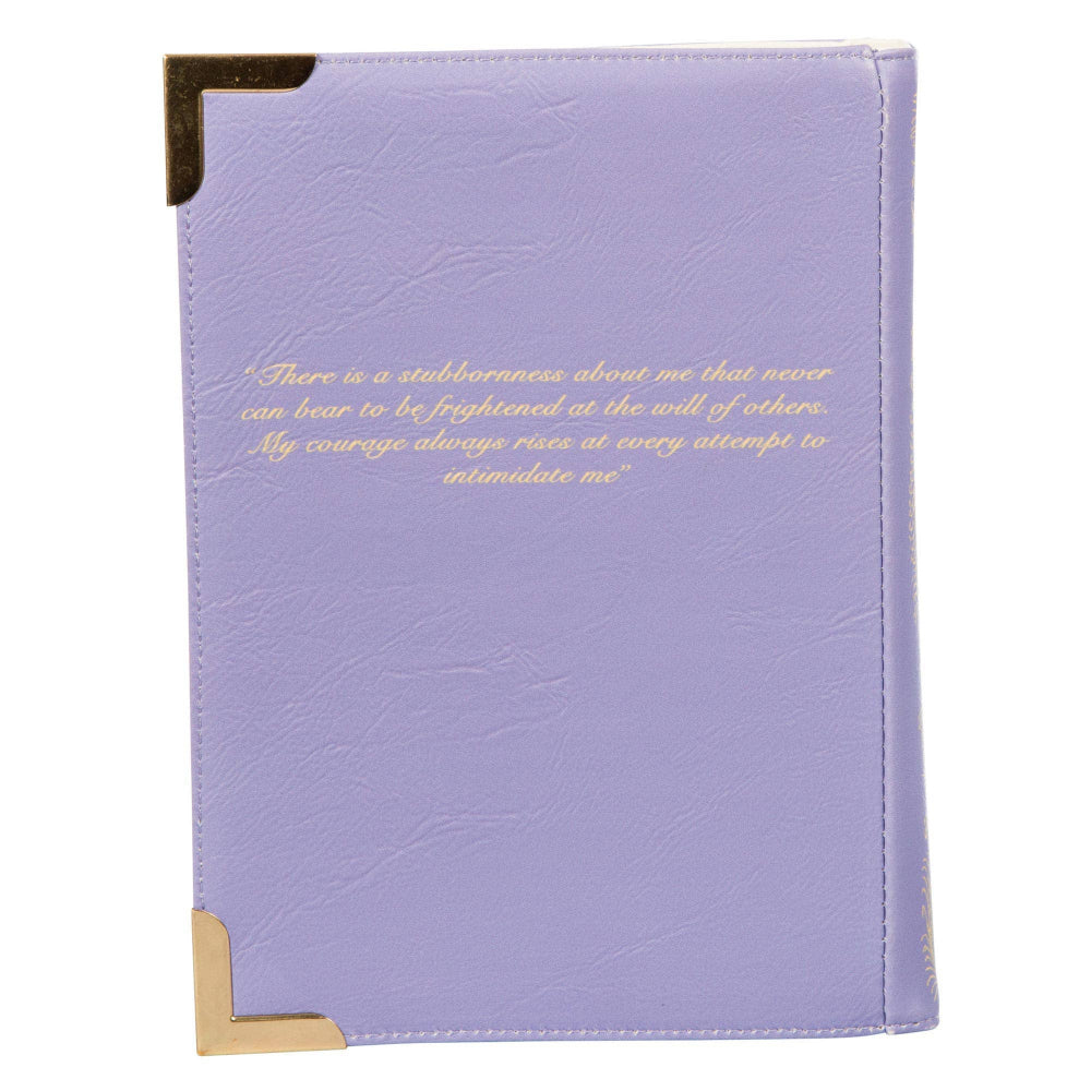 Purple notebook with gold text on a white background