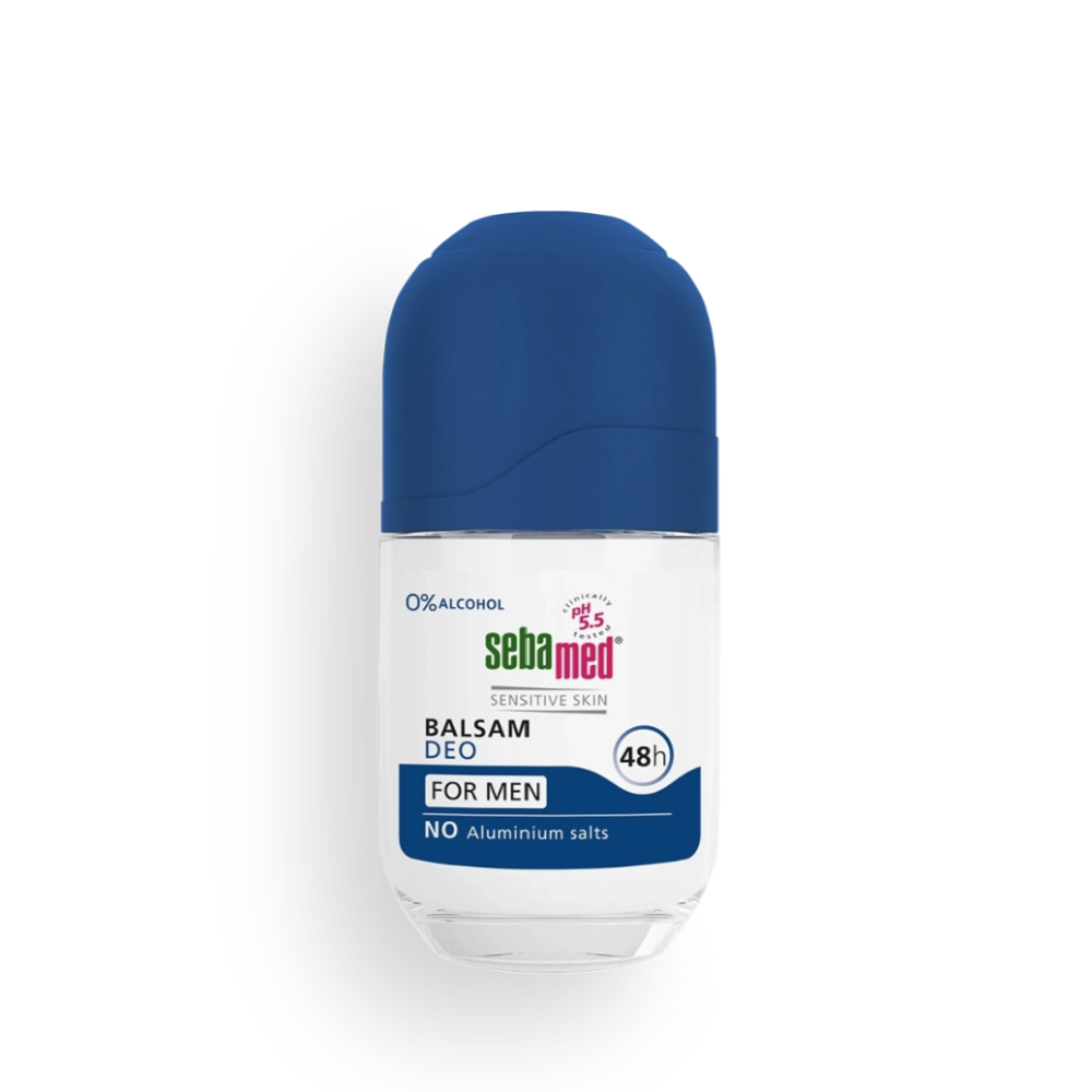 Deodorant stick with blue cap and white label on a white background