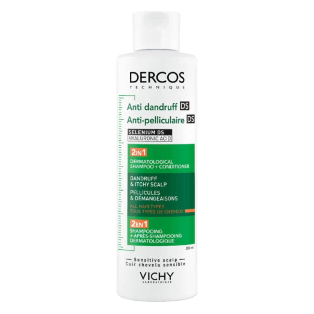 Vichy Dercos anti-dandruff shampoo bottle on a white background