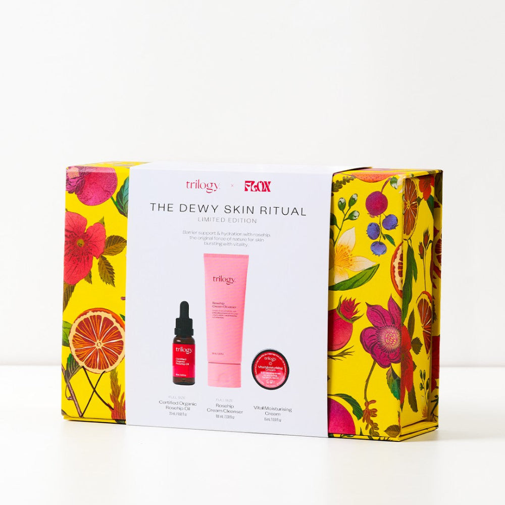 Skincare product set with floral packaging on a white background