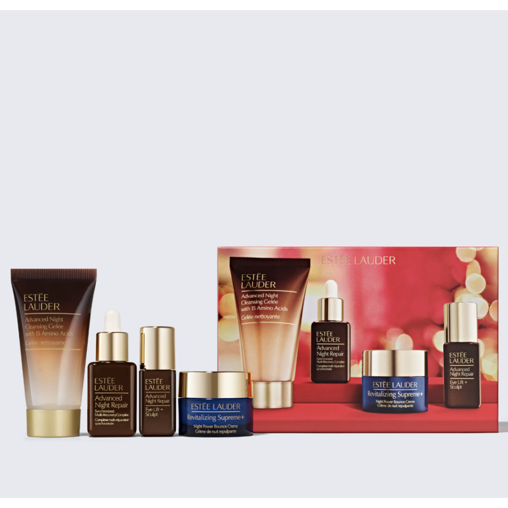 Estée Lauder Advanced Night Repair Cleansing Gelee and a matching gift set featuring Advanced Night Repair Serum, Advanced Night Repair Eye Serum, Advanced Night Repair Eye Treatment, and Revitalizing Supreme+ Night Cream, displayed in front of a red gift box.