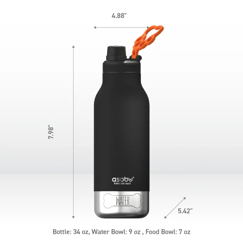 Black water bottle with measurements and Asobu branding on a white background