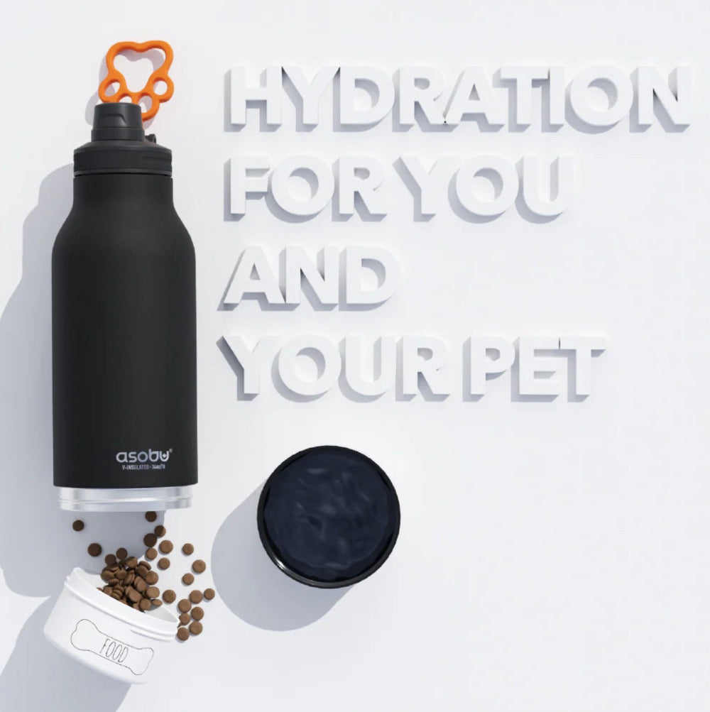 Black pet water bottle with a heart-shaped water dispenser on a light gray background, featuring the brand 'asoby'.