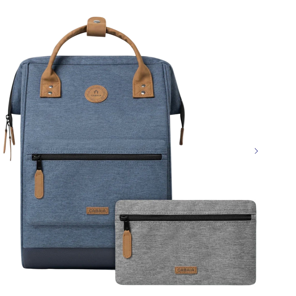 Blue backpack and gray pouch with brown handles and zippers on a white background