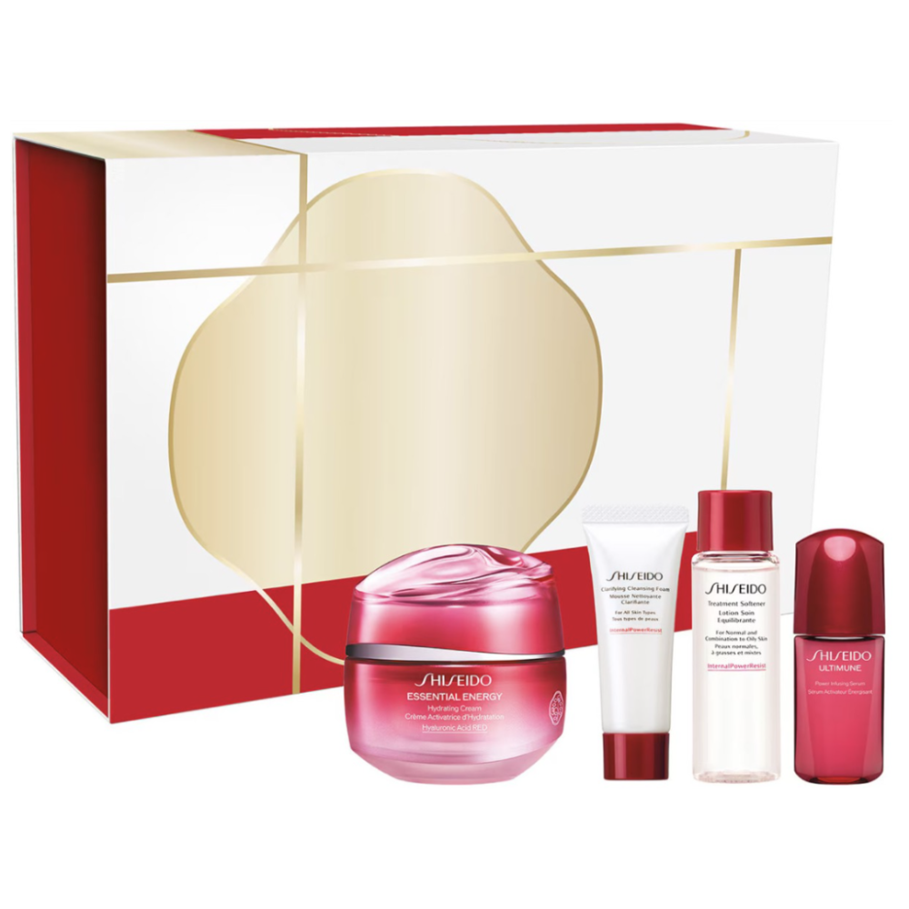 Shiseido skincare product set with a decorative box on a white background
