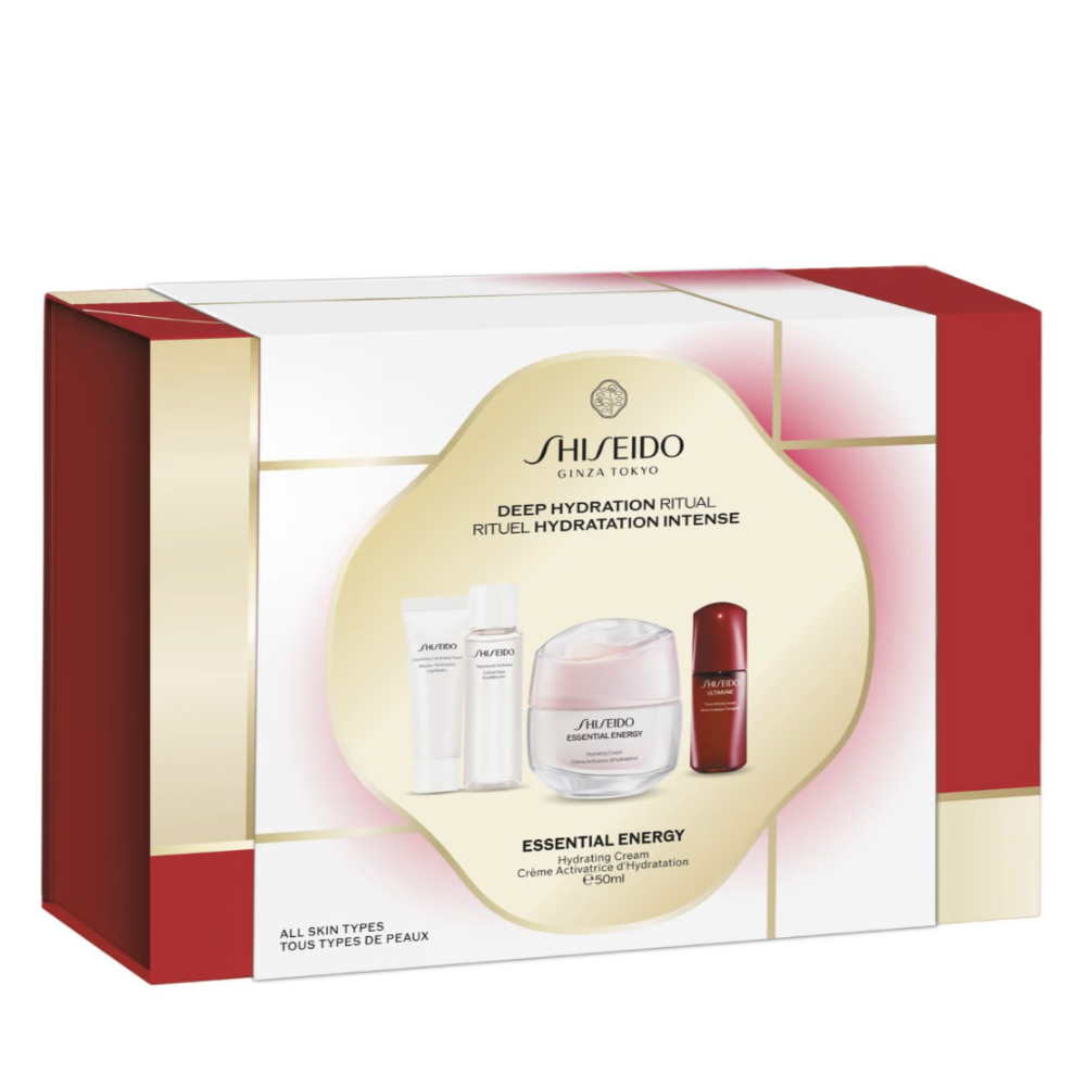 Shiseido Sanada Deep Hydration Ritual Set box, featuring a white and red gift packaging with gold accents and a central illustration of the included skincare products.