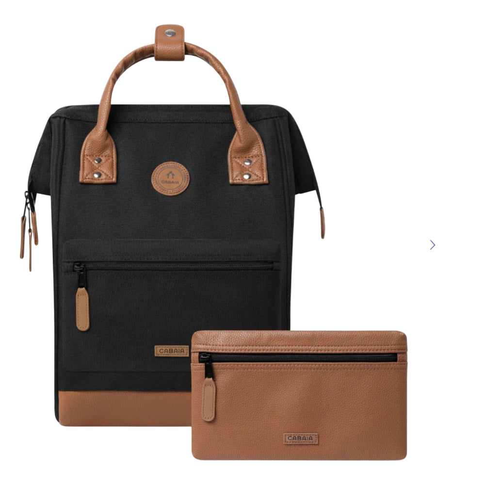 Black backpack with brown accents and matching pouch on a white background