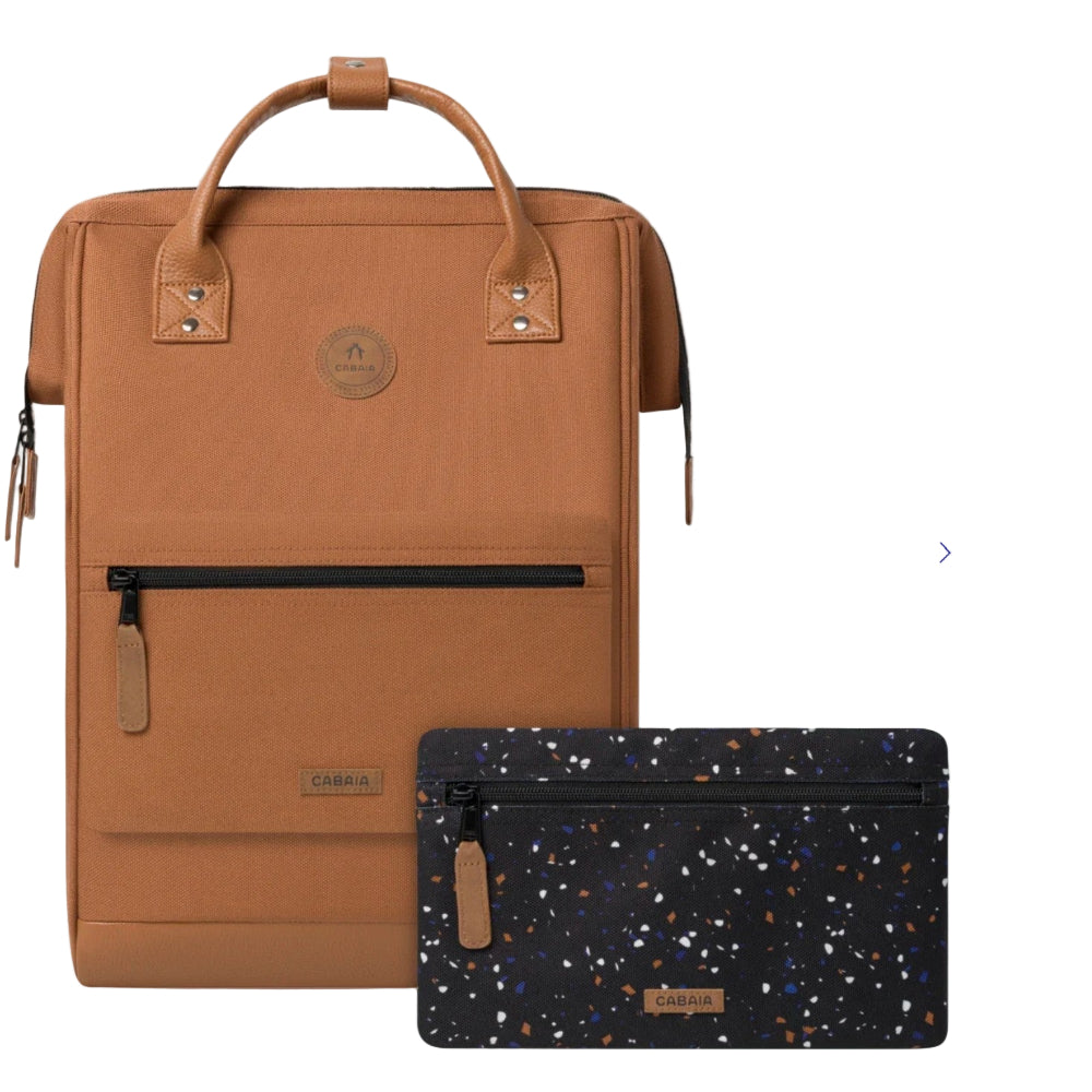 Brown backpack and black speckled pouch with brand logo on a white background