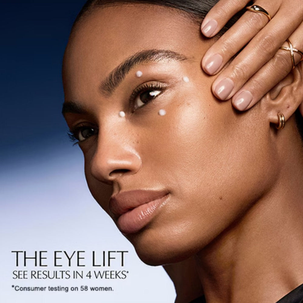 Woman with hand on face, promoting 'The Eye Lift' with text about results.