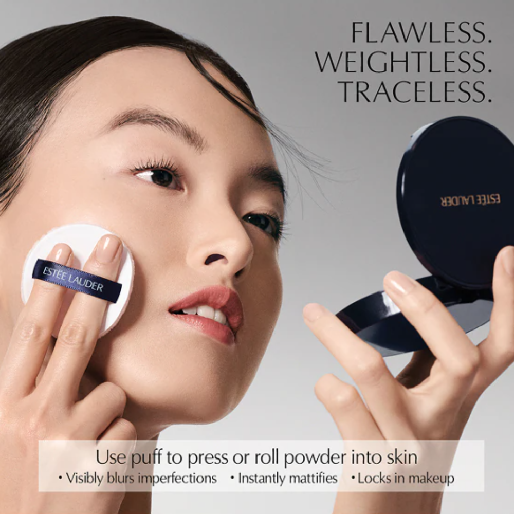 Estée Lauder makeup product with a woman applying it to her face.