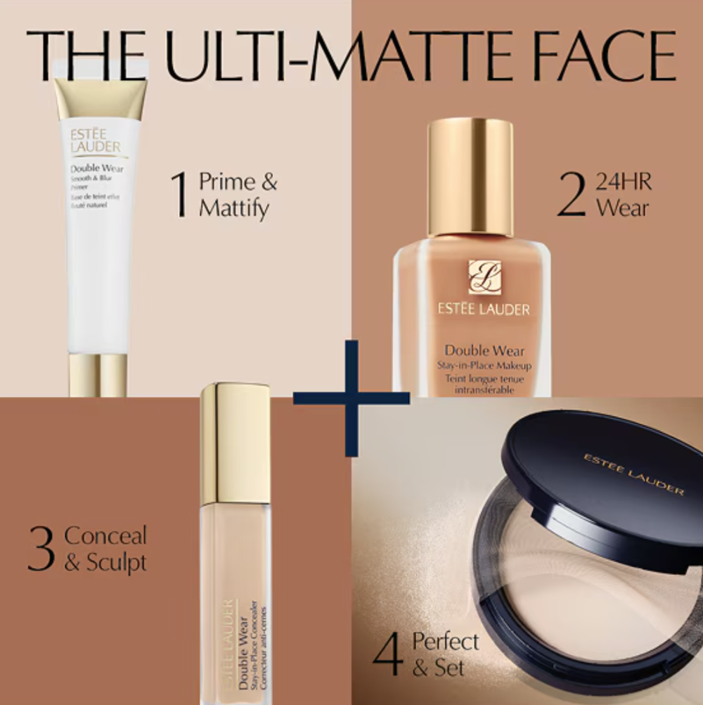 Estée Lauder makeup products with text on a beige background