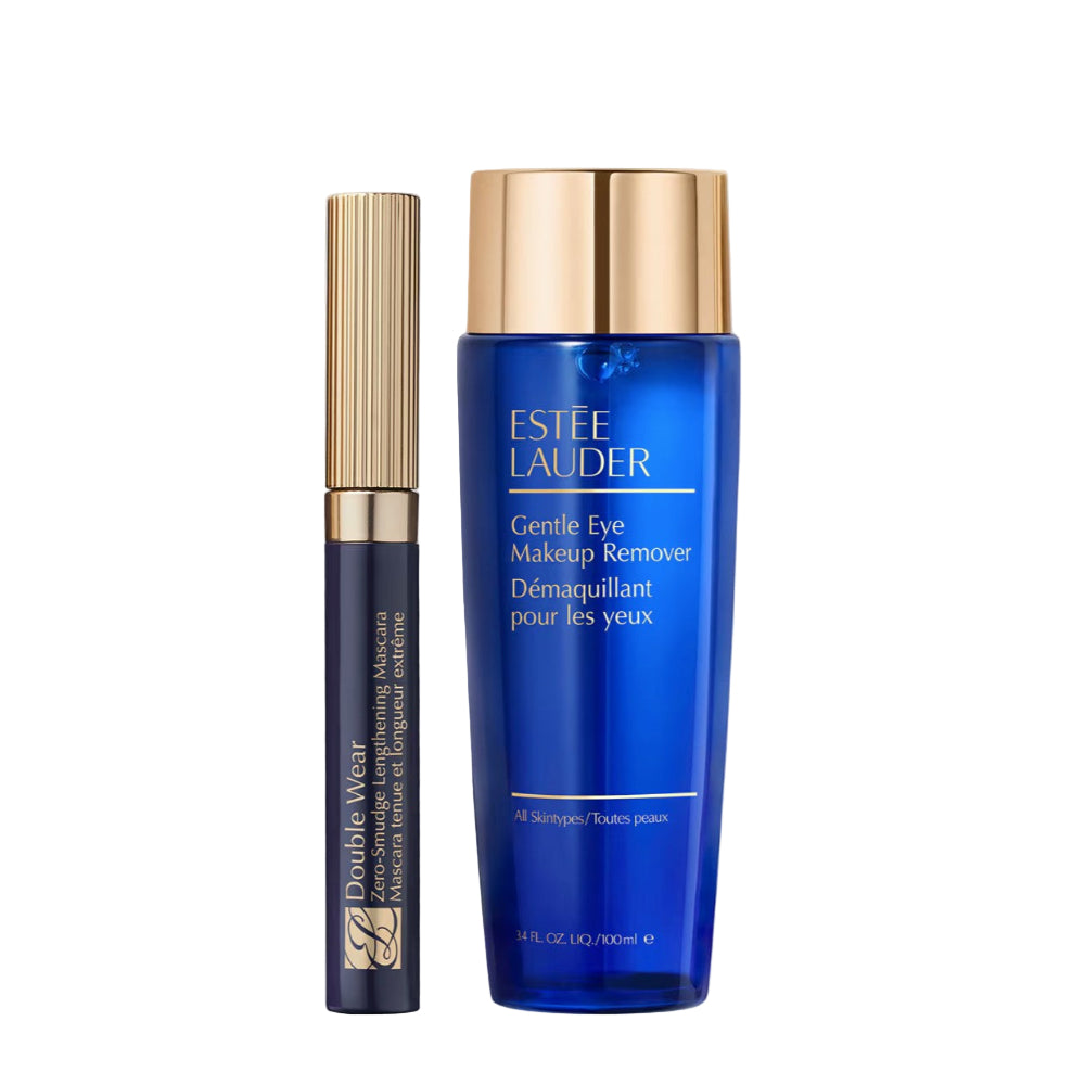 Estée Lauder eye makeup remover bottle and applicator on a light gray background