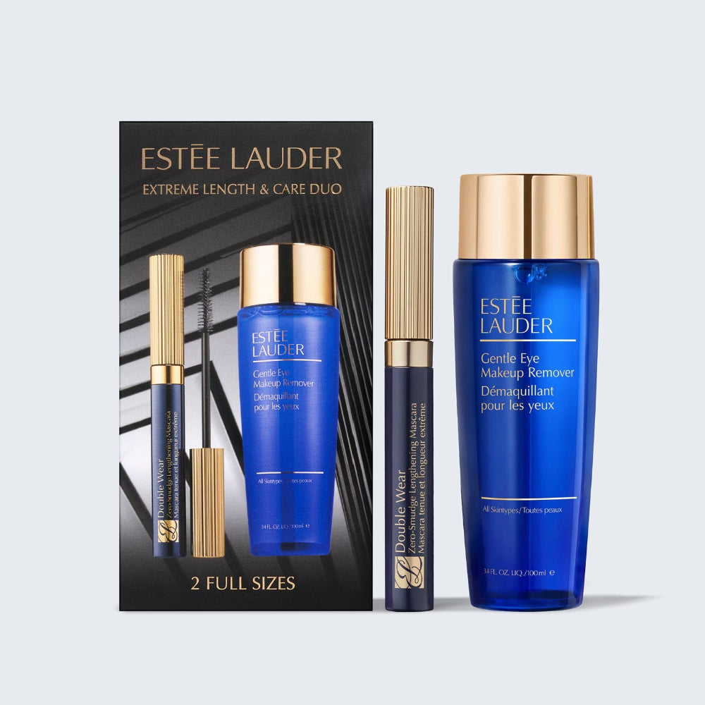 Estée Lauder eye makeup remover with packaging on a light gray background