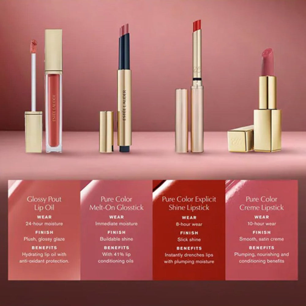 Collection of lip products including lip oil, gloss, and lipstick on a pink background with product descriptions.