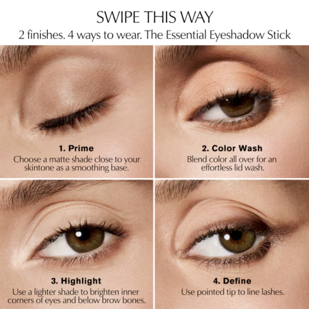 Eyeshadow stick application guide showing four steps on close-up eye photos: Prime, Color Wash, Highlight, and Define, with text instructions and a heading reading 'SWIPE THIS WAY'.