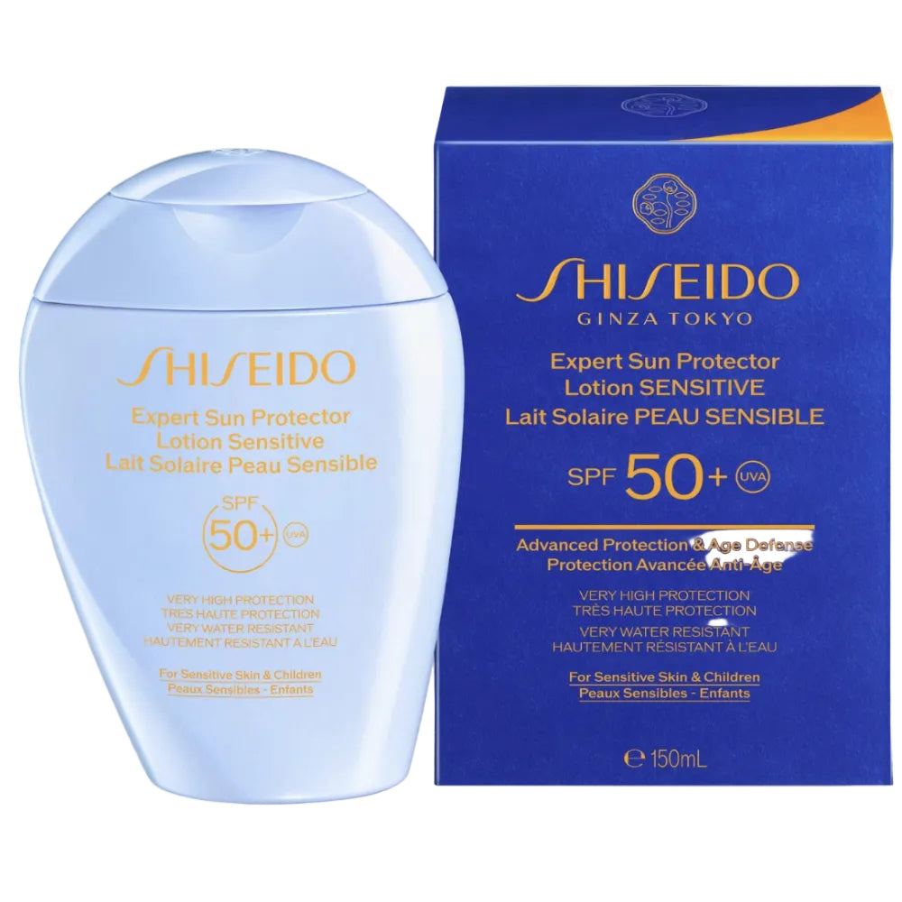 Shiseido Expert Sun Protector Lotion Sensitive SPF 50+ with packaging on a white background