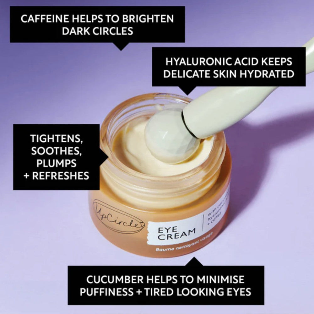 Eye cream jar with a spoonful of cream on a purple background, featuring text about ingredients and benefits.