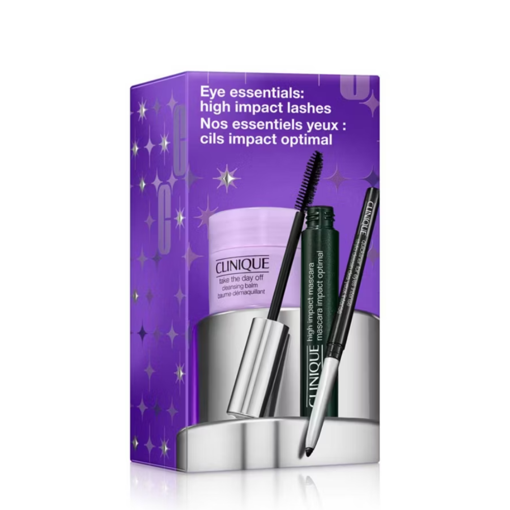 Clinique mascara set with purple packaging on a white background