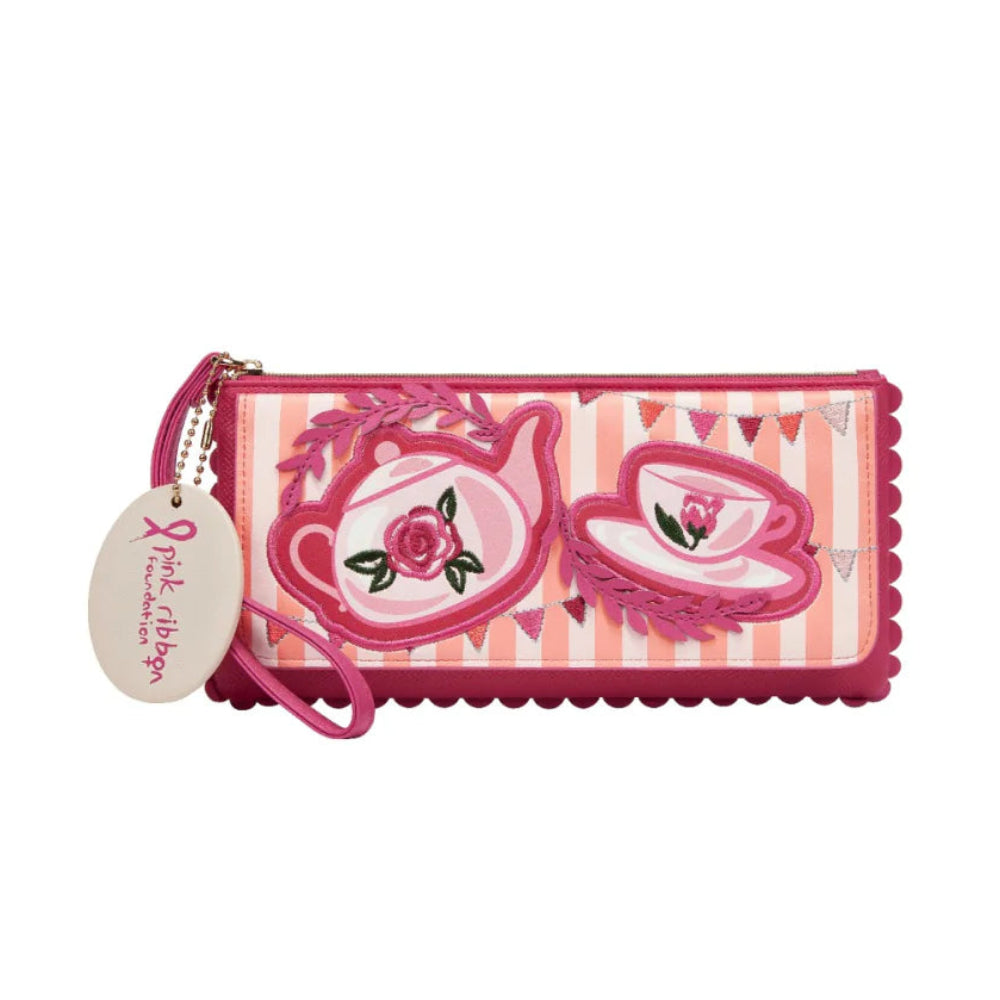 Pink wallet with tea cup design on a white background
