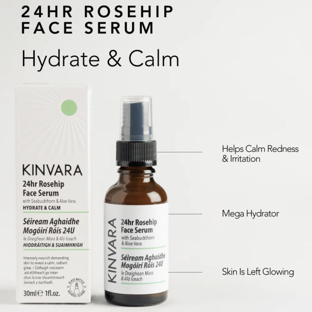 Kinvara 24hr Rosehip Face Serum with packaging on a white background