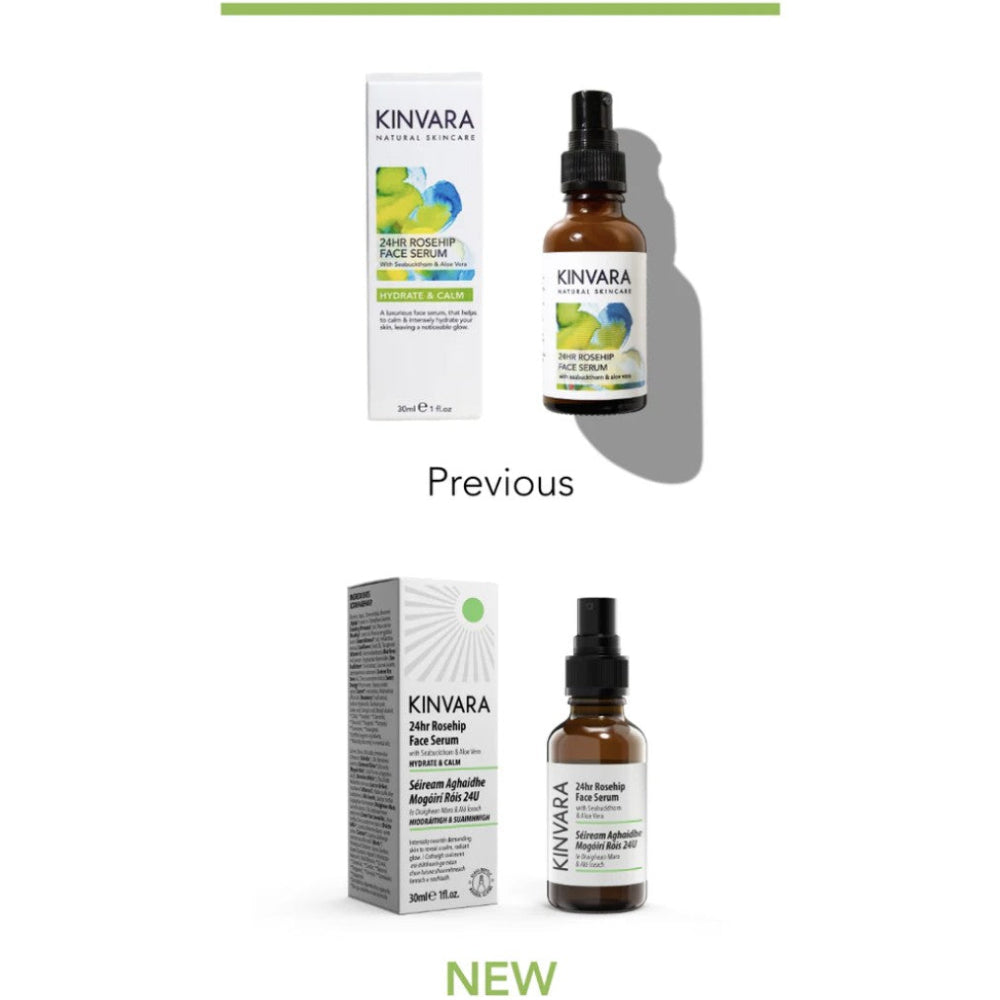 Comparison of Kinvara product packaging with new and previous designs on a white background.