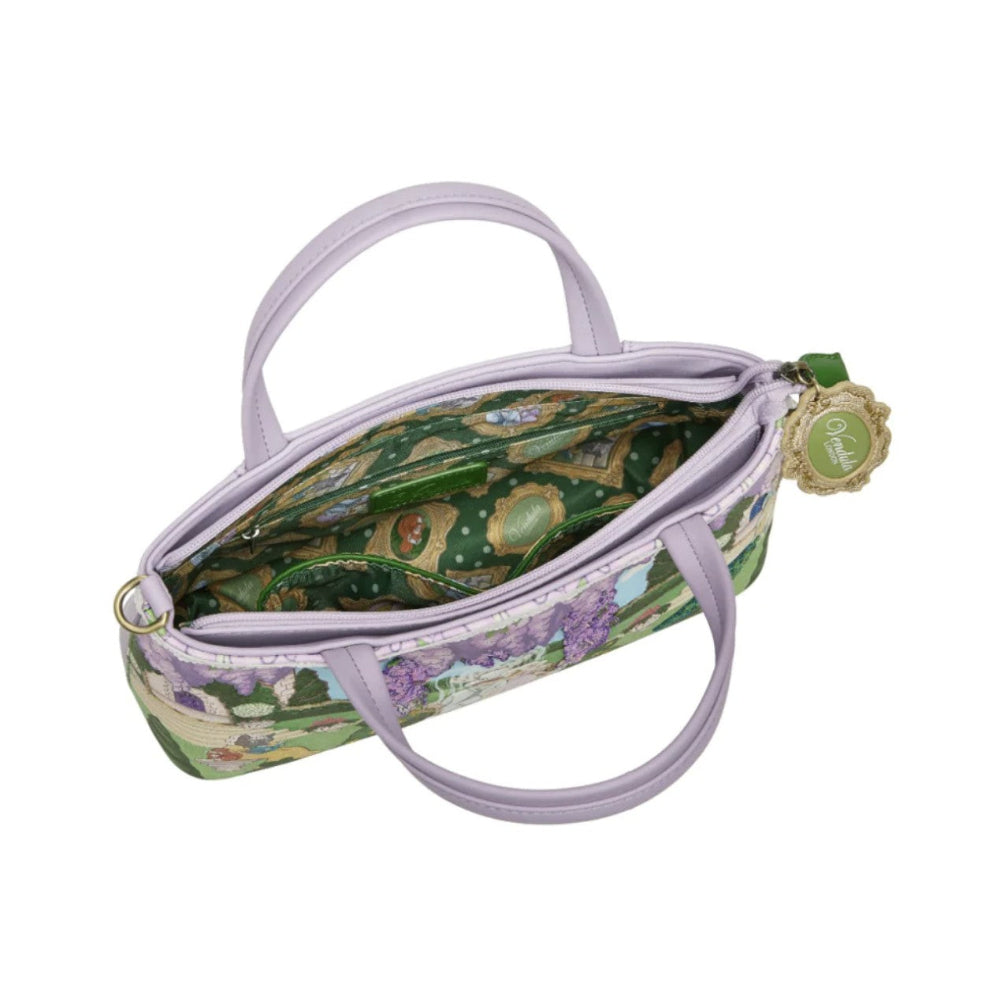 Floral-patterned handbag with a visible brand tag on a white background