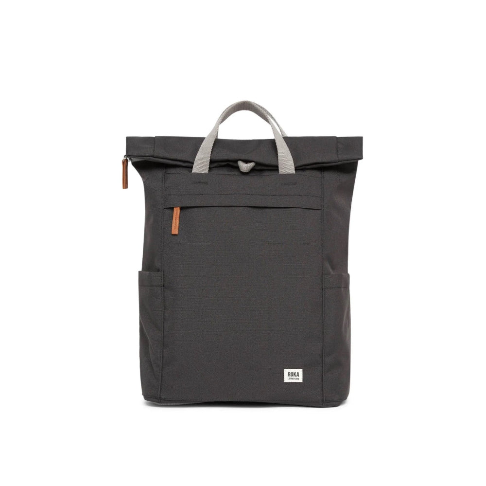 A medium-sized blue Roka Finchley A recycled canvas backpack with a front pocket and top handles.