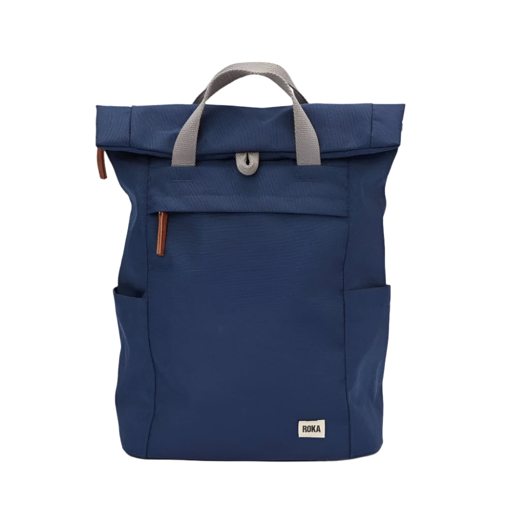 Blue backpack with gray handle on a white background