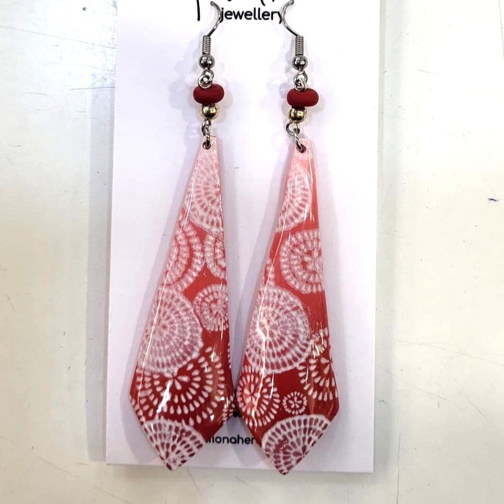 Red and white patterned teardrop earrings on a white card with 'Jewellery' text.