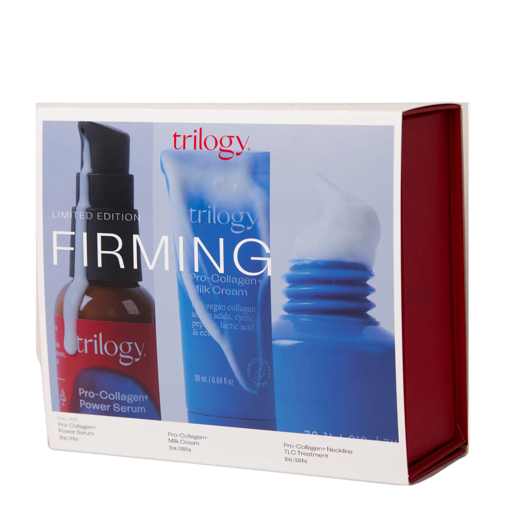 Trilogy Firming Limited Edition gift set box, featuring a white and red outer packaging with a photo of three skincare products inside: an amber serum bottle, a blue cream tube, and a blue pump bottle.