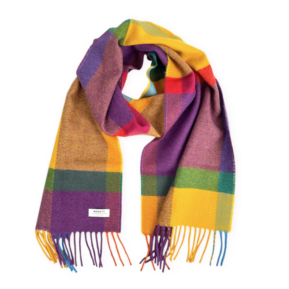 Colorful plaid scarf with fringes on a white background