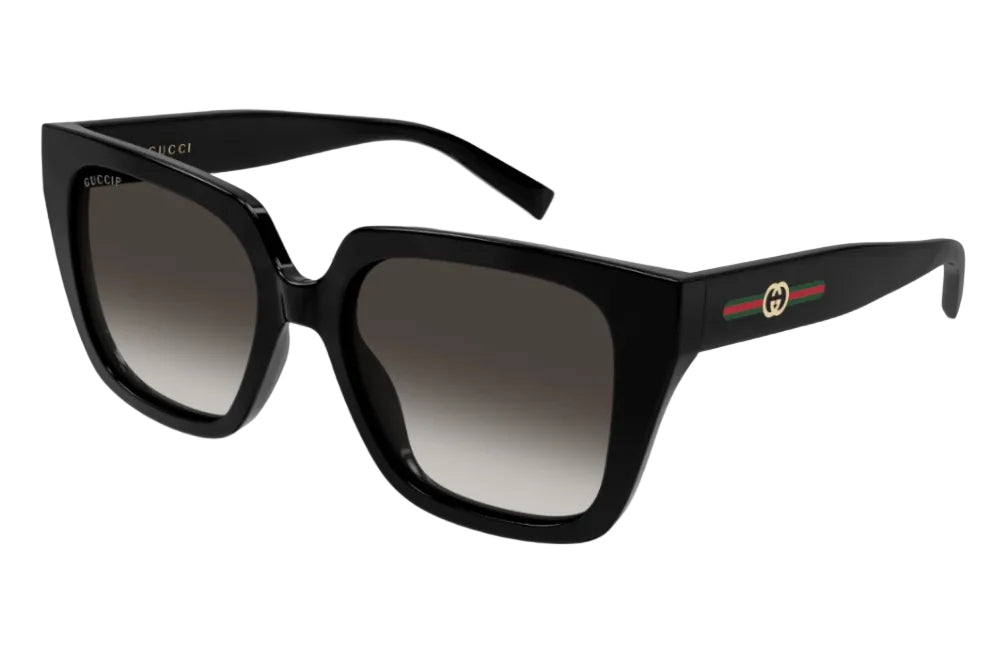 gg2102s-005 black frame with gucci symbol in gold, green & red stripes on temple. grey gradient lens.