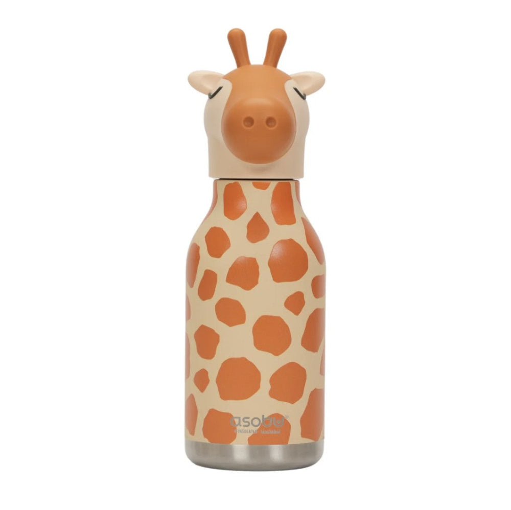 An insulated water bottle with a giraffe-shaped lid and body pattern, featuring a cream base with orange spots and a matching giraffe head on top, shown on a plain white background.