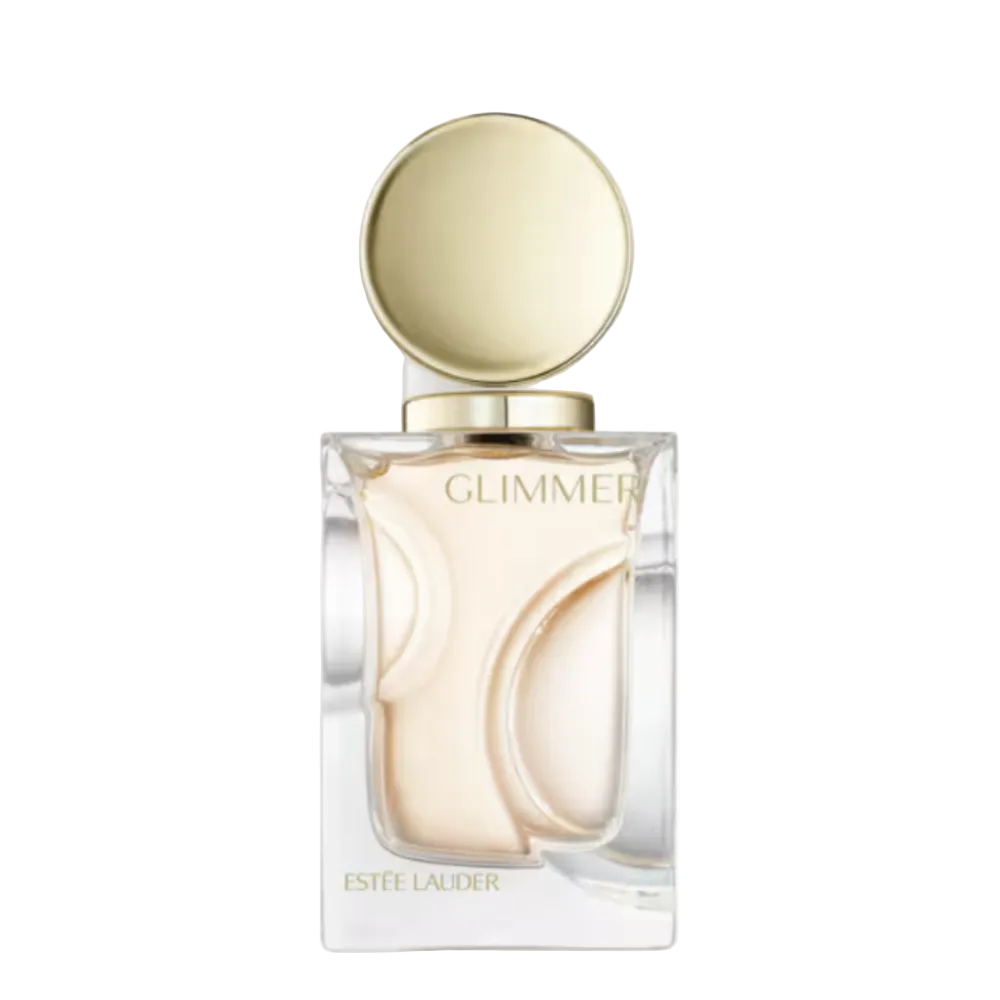 Estee Lauder Glimmer perfume bottle with a clear glass body, pale beige liquid, and a metallic gold cap, shown on a white background.