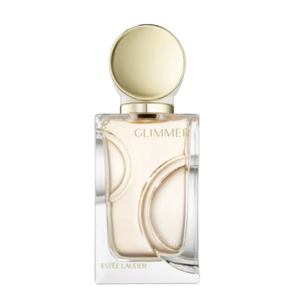 Estee Lauder Glimmer Eau de Parfum bottle with a gold cap and clear glass body showing pale yellow liquid, on a white background.