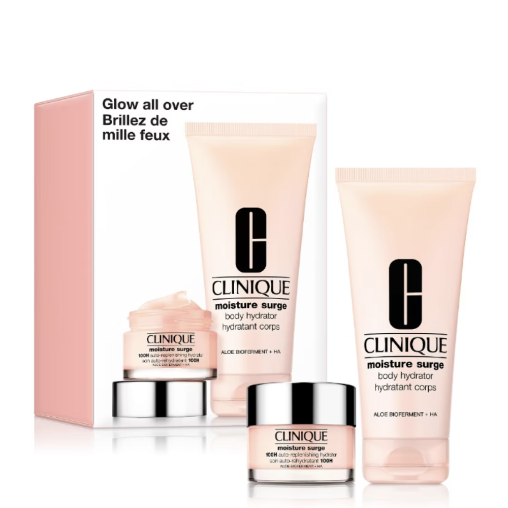 Clinique Moisture Surge body hydrator set including a moisture surge moisturiser jar and a body hydrator tube displayed with their pink and white packaging on a clean white background.