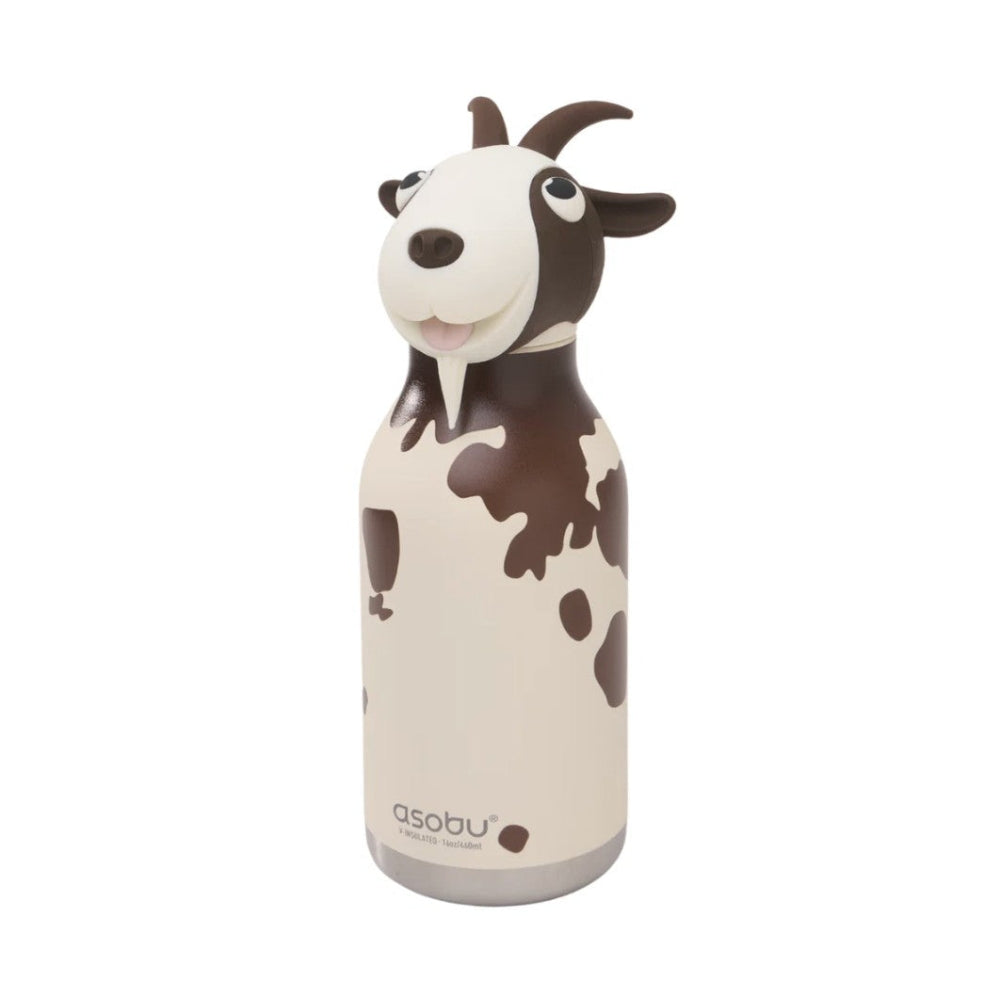 A cute Asobu brand water bottle shaped like a cartoon goat, featuring a cream-colored body with dark brown spots and a white face with dark brown horns.