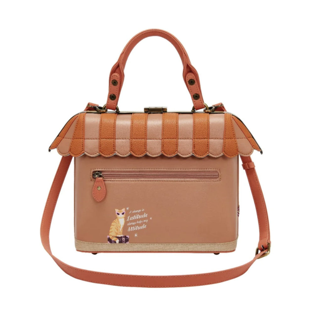 Tan and brown striped handbag with a cat illustration on a white background