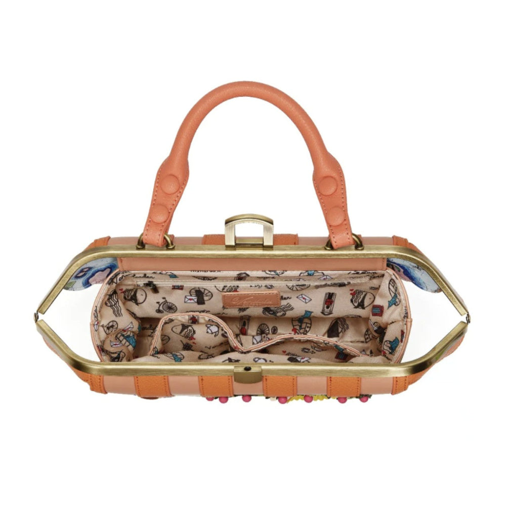Handbag with a patterned interior on a white background
