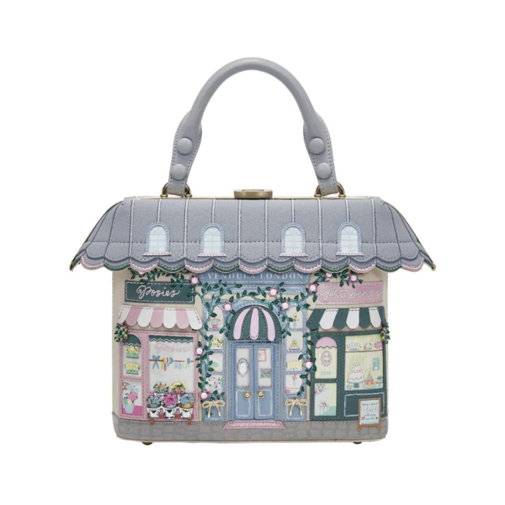 Handbag designed with shop fronts on a white background