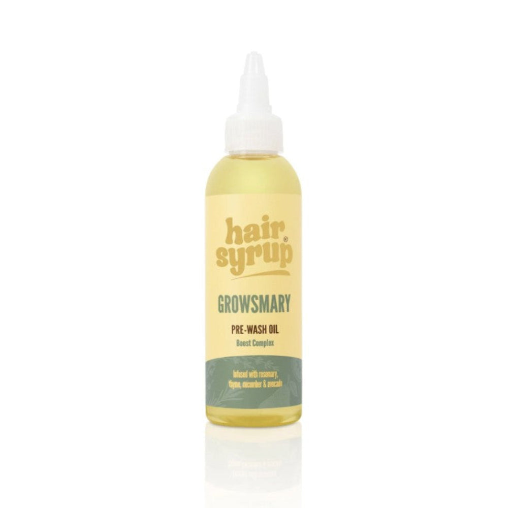 A bottle of Hair Syrup Growsmary Pre-Wash Oil