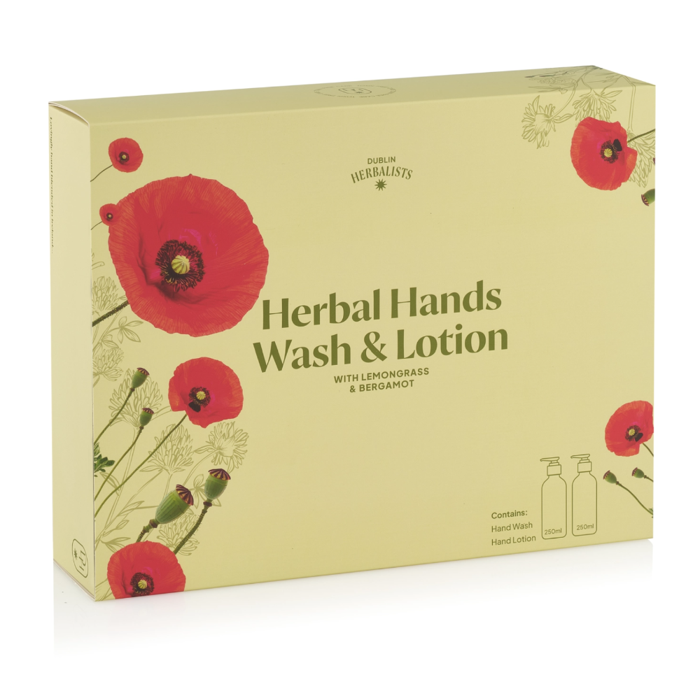 Box of Herbal Hands Wash & Lotion with red flowers on a beige background