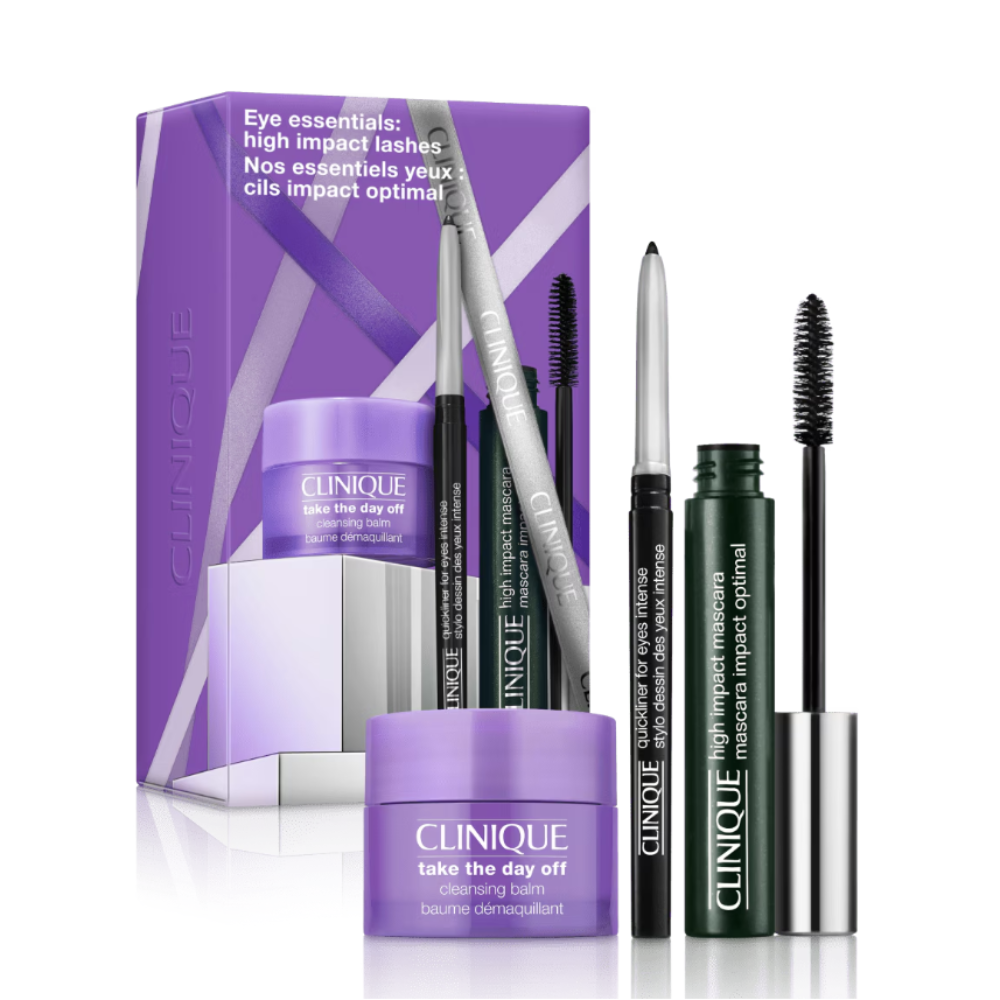 Clinique Eye Essentials High Impact Lashes gift set featuring a purple box, eye cream jar, eyeliner pencils, eyeliner wand, and mascara on a white background.