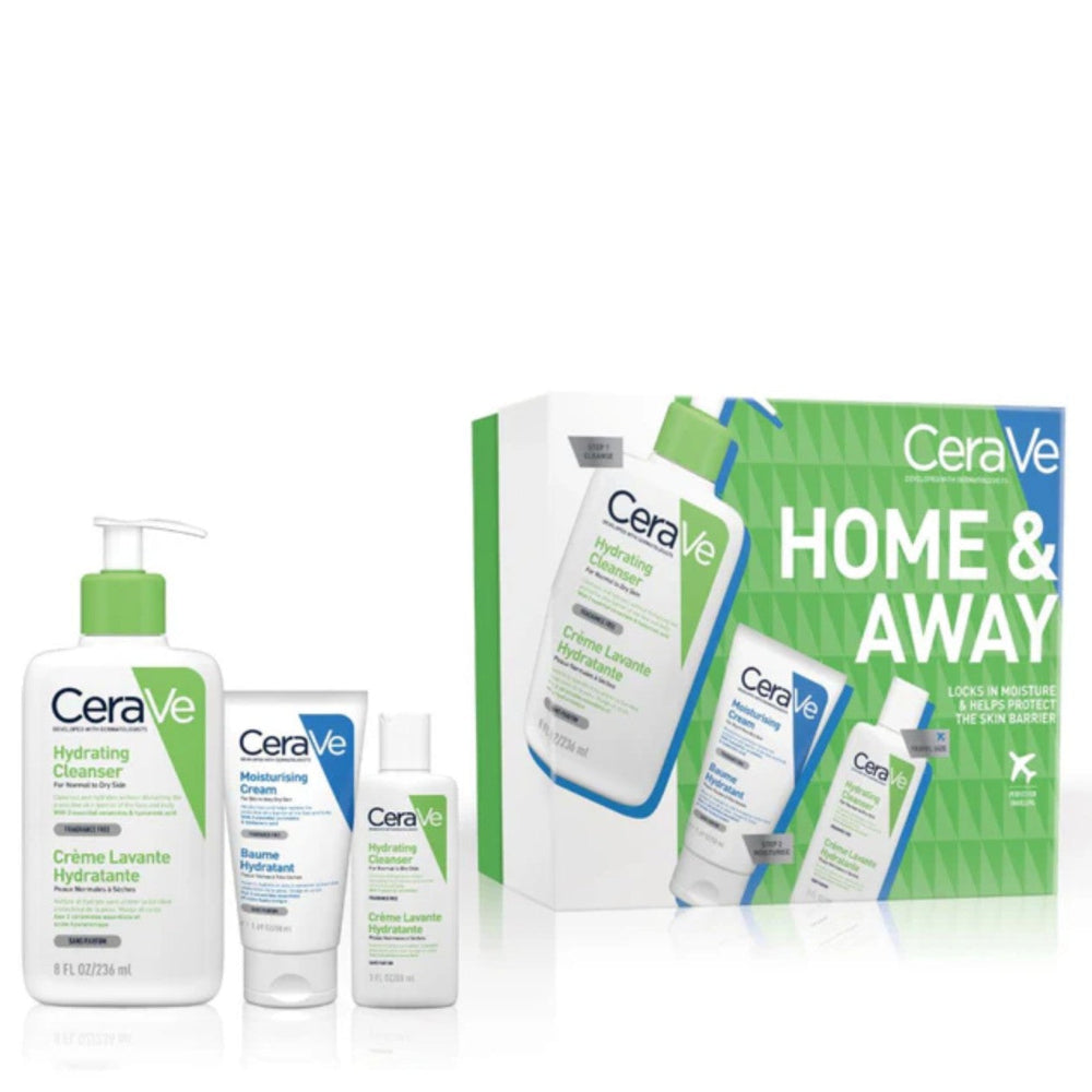 CeraVe skincare products including cleanser, cream, and packaging on a white background