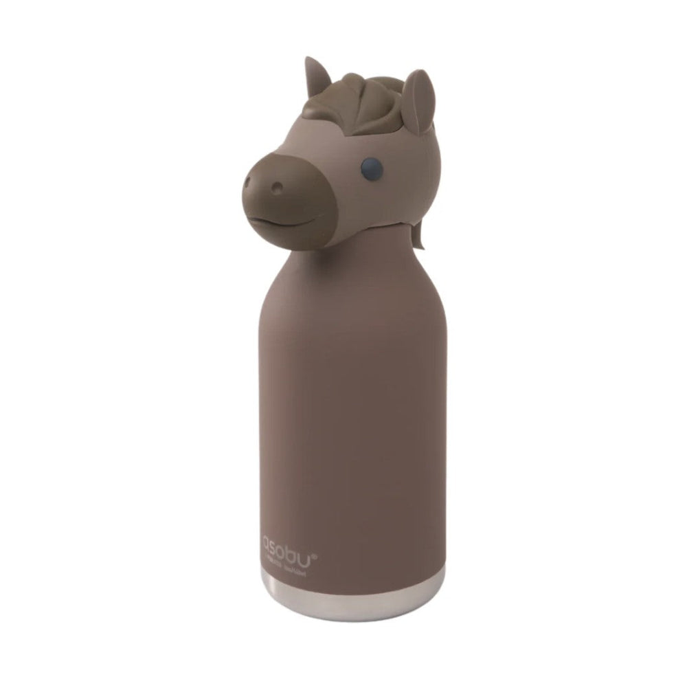A matte brown horse-shaped water bottle with a small blue eye detail and a white base, shown on a plain white background.