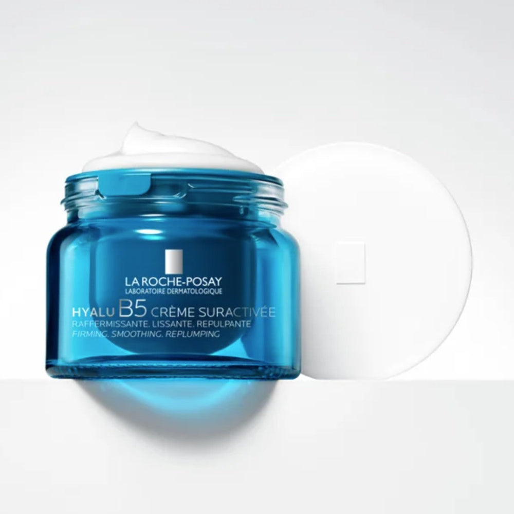 Blue jar of La Roche-Posay skincare cream on a white background