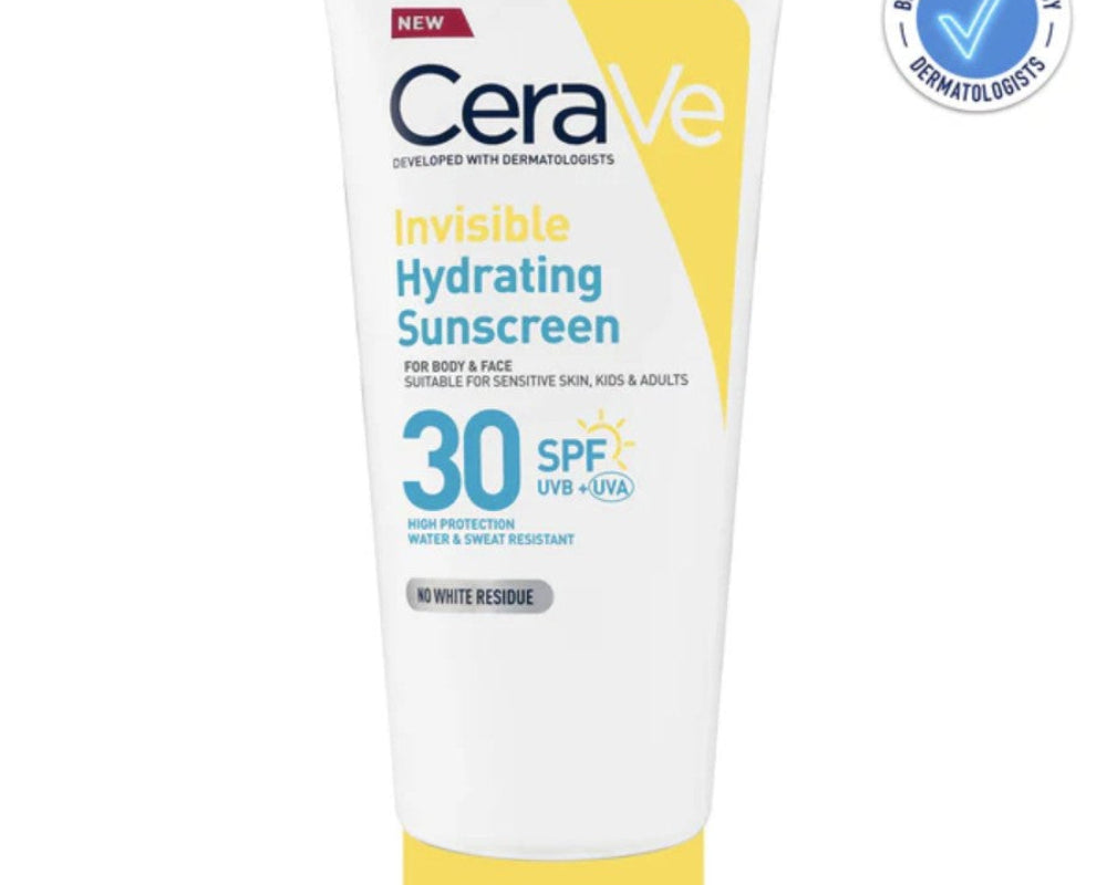 CeraVe Invisible Hydrating Sunscreen tube on a white background